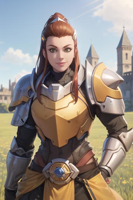 4291411769-3712506394-portrait, brigitte, waist up, looking at the horizon, heroic pose, armor, gauntlets, hair ornament, smile, blue sky, green grass.png